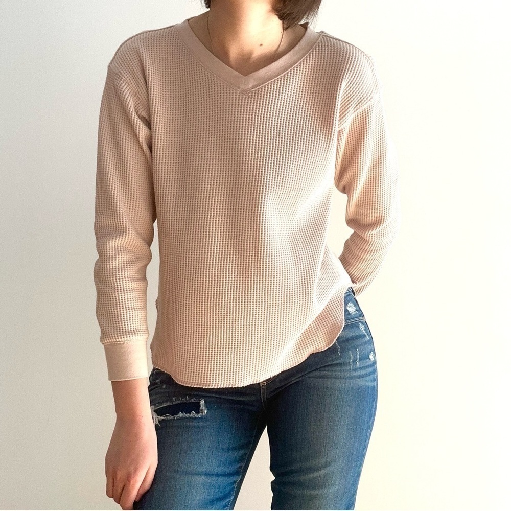 UNIQLO WAFFLE KNIT TOP LONG SLEEVE PALE PINK  - XS